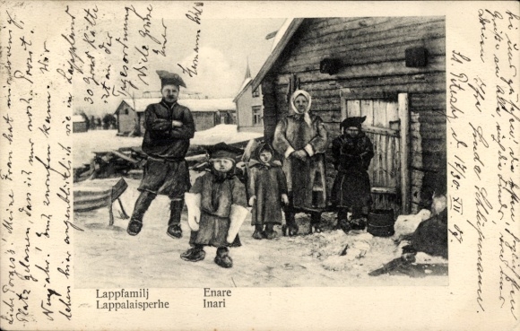 Postcard Lapland Finland, local family at the house
