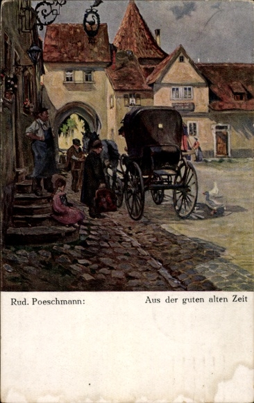 Artist Postcard Poeschmann, Rud., From the good old days, in front of the Gasthaus zum Storchen (Inn of the Stork), carriage