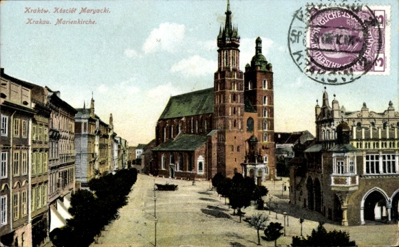Postcard Kraków Krakow Poland, St. Mary's Basilica, 1910, colored, view