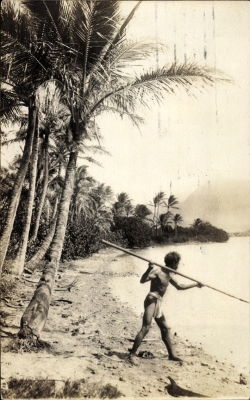 Postcard Hawaii USA, beach, man with spear
