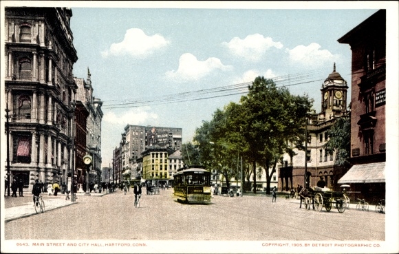 Postcard Hartford Connecticut USA, Main Street, City Hall