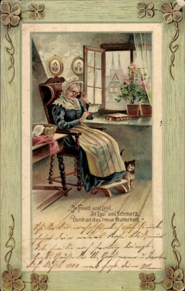 Passepartout Postcard The faithful mother's heart, old woman in an armchair