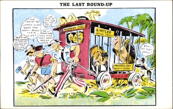 Artist Postcard The last round-up, Hitler and Mussolini in the cage ...