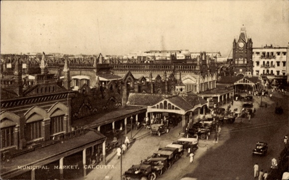 Postcard Calcutta Kolkata Calcutta India, market view, cars, buildings, clock tower, Calcutta