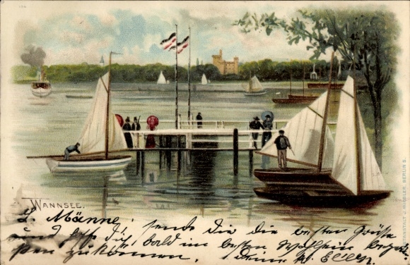 Lithograph of Berlin Zehlendorf Wannsee, boat dock, sailboats