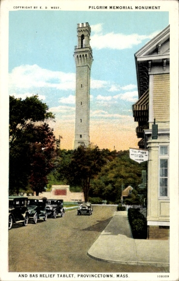 Postcard Provincetown Cape Cod Massachusetts USA, Pilgrim Memorial Monument, Bas Relief Tablet, cars,