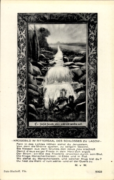 Postcard Łagów Lagow Neumark East Brandenburg, jug picture in the knights' hall of the castle, poem by M. v. W.