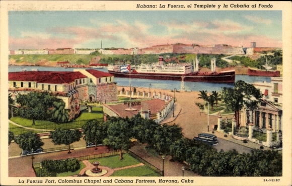 Havana, Cuba, harbor view, La Fuerza Fort, Columbus Chapel, Cabaña Fortress, ship