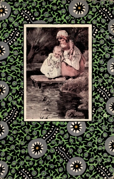 Artist Postcard Wiener Werkstätte, Series E, fabric pattern design by L. Fochler, children on a jetty