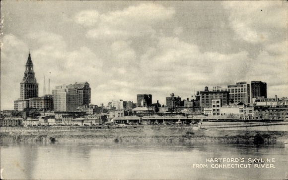 Postcard Hartford Connecticut USA, Hartford skyline, Connecticut River, clouds, buildings