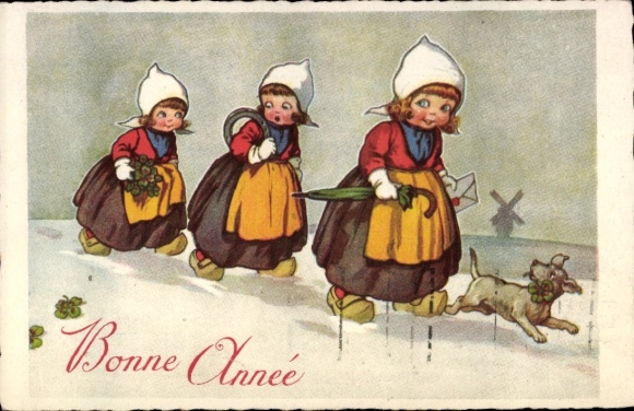 Happy New Year, dog with clover in its mouth, girl, horseshoe, cloverleaf.