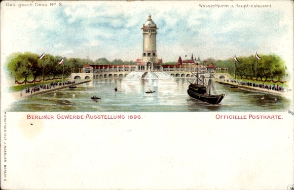 Lithograph Berlin Treptow, Trade Exhibition 1896, Main Restaurant, Water Tower