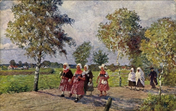 Artist Postcard W. Krause, Wendish churchgoing, traditional costumes