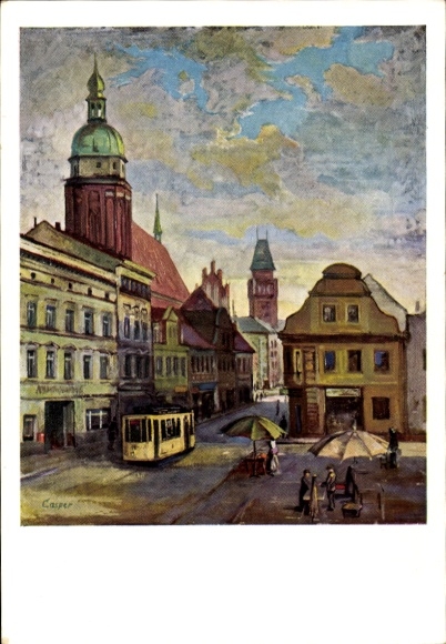 Artist Postcard Casper, Bernhard, Cottbus, Altmarkt, Oberkirche, tram