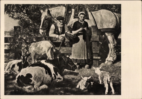 Artist Postcard Junghanns, Jul. P., At the Shepherdess's, Cow, Sheep, Goats, Horse, HDK 509