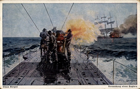 Artist Postcard Bergen, Claus, Sinking of a Sailing Ship, German U-Boat, Submarine U 53