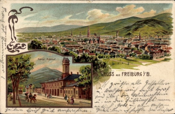 Lithograph Freiburg im Breisgau, general view, main train station