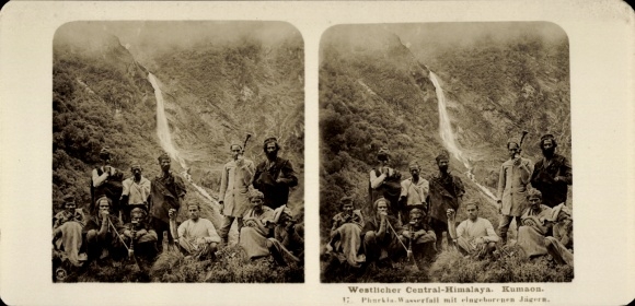 Stereo photo Kumaon Himalaya India, Pharkia Waterfall, native hunters