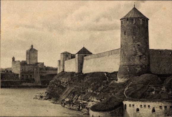 Postcard Narva Narwa Estonia, castle walls, towers, water, medieval castles