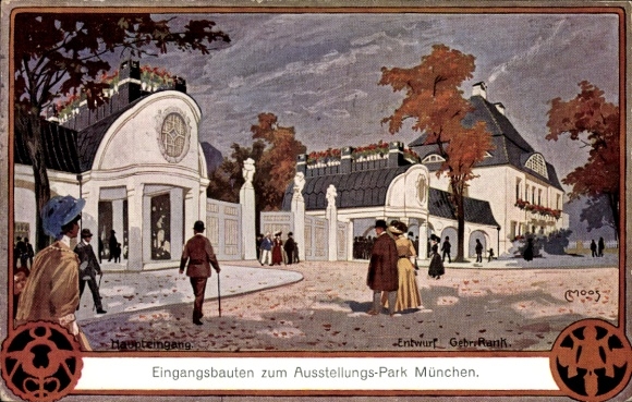 Artist Lithographer C. Moos, Munich, Exhibition 1908, Entrance Buildings, Main Entrance