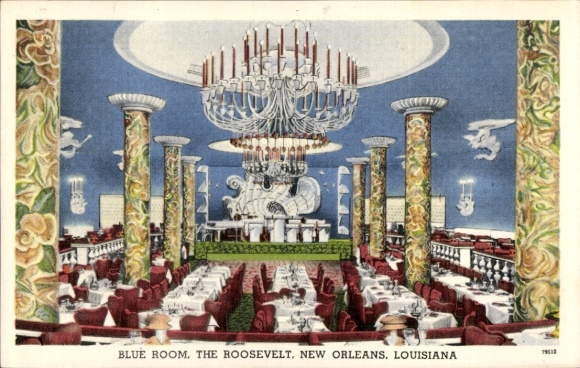 Postcard New Orleans Louisiana USA, Elegant Restaurant, Large Ceiling Light, Columns, Table Decoration