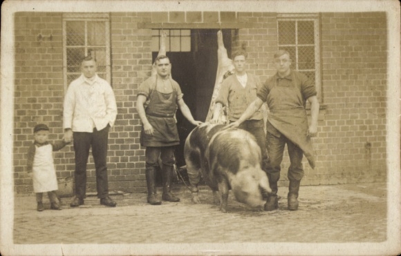 Photo Söhlde in Lower Saxony, Heinrich Evers butcher shop, men with pig