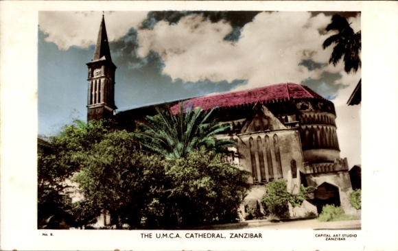 Postcard Zanzibar Tanzania, UMCA Cathedral, exotic architecture, paneled roof, palm tree