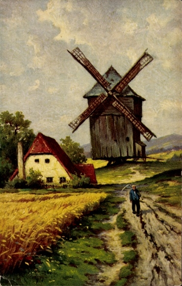 Artist Postcard Hoy, W., Windmill II., Farmer, Scythe