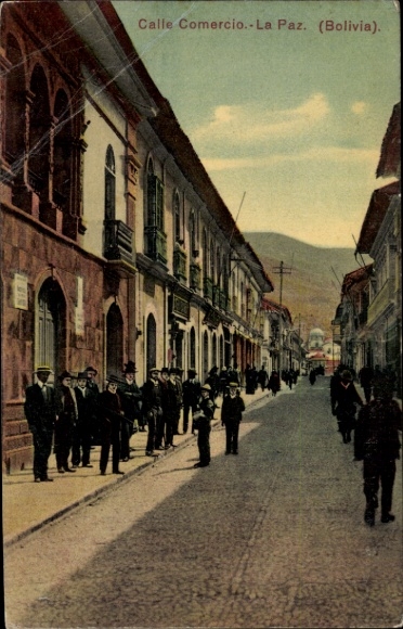 Postcard La Paz Bolivia, Calle Comercio, street scene