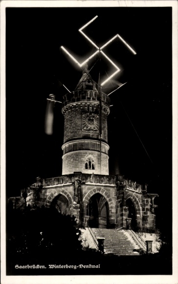 Saarbrücken, Winterberg Monument, night illumination, Saar plebiscite 1935