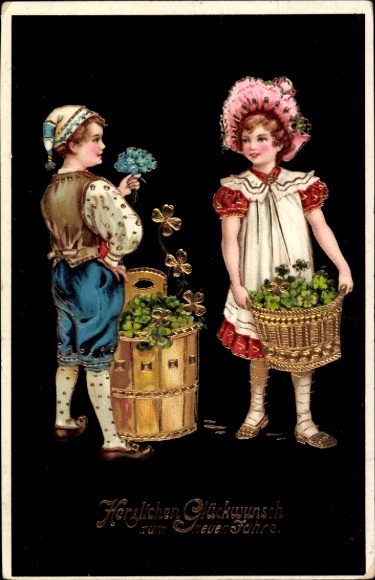 Happy New Year, children, four-leaf clovers