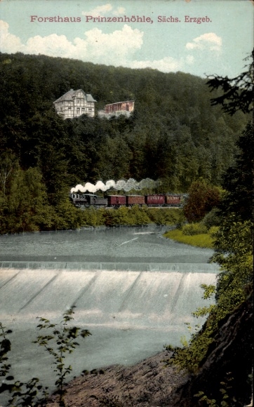 Hartenstein in the Ore Mountains of Saxony, view towards the Prinzenhöhle forester's lodge, weir