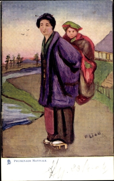 Artist Postcard Liou, F., Promenade Matinale, Japanese woman carrying child on her back