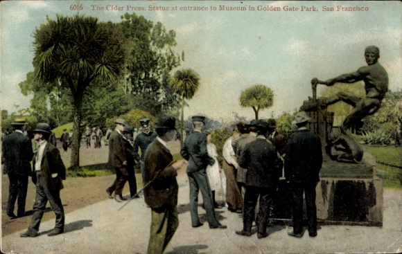 Postcard San Francisco California USA, Statue Cider Press, crowd, Golden Gate Park