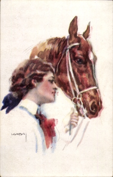 Artist Postcard Usabal, Woman with horse, portrait, bridle
