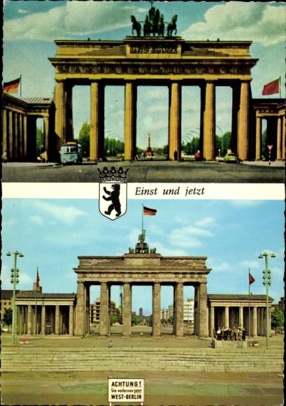 Postcard Berlin Mitte, Brandenburg Gate, Then and Now