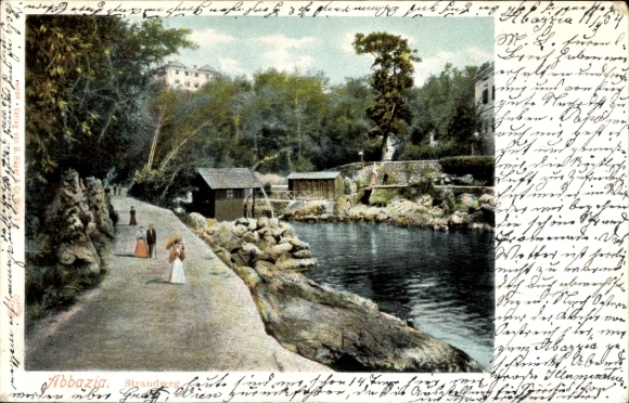Postcard Opatija Abbazia Croatia, landscape, water, people, trees, buildings
