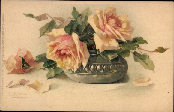 Artist Postcard Klein, Catharina, Yellow Roses in a Vase, Meissner & Buch 1133
