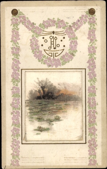 Art Nouveau embossed passe-partout, landscape motif, floral garlands