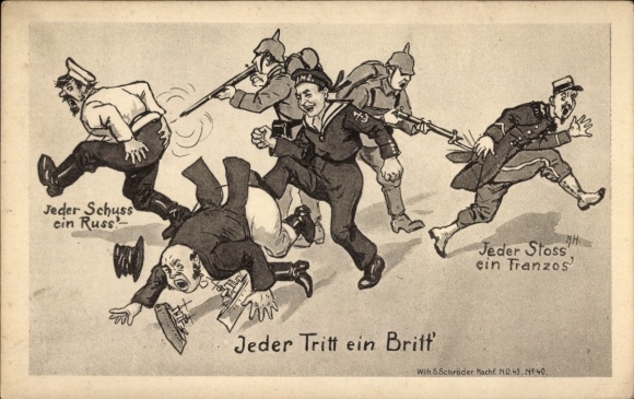 Artist Postcard Every kick a Briton, Every push a Frenchman, Every shot a Russian, WWI