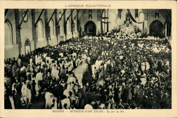 Postcard Rwanda, church interior, feast day