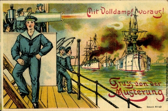 Artist's lithograph: Full steam ahead, greetings from the muster, German warships, sailors