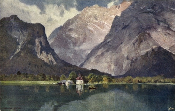 Artist Postcard Compton, Edward Harrison, Schönau am Königssee, St. Bartholomä, mountains