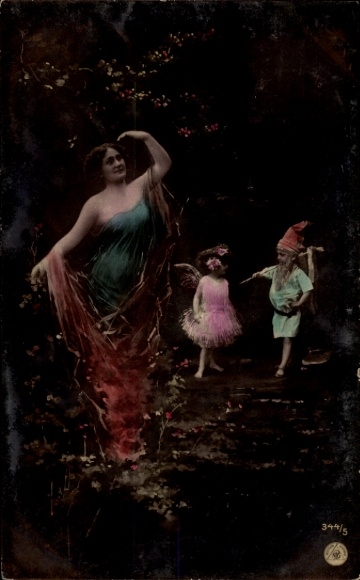 Woman as Mother Nature, flowers, children as angels and dwarfs, portrait, NPG 344/5