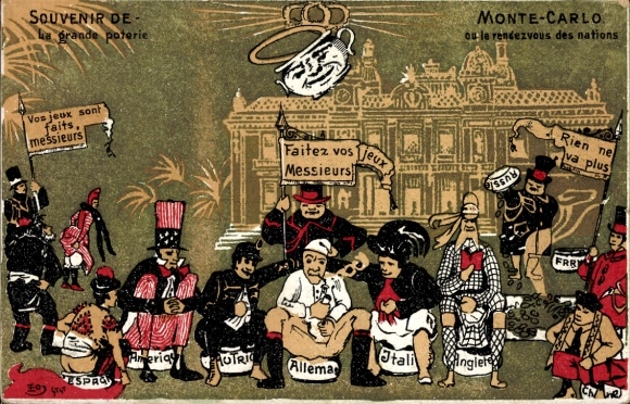 Postcard Monte Carlo Monaco, meeting point of nations, chamber pots, Germany, Austria, USA, Italy