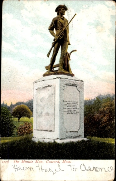 Postcard Concord Massachusetts USA, Statue of the Minute Man, text on pedestal