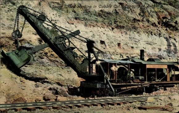 Postcard Panama, construction of the Panama Canal, Culebra Cut, steam excavator at work