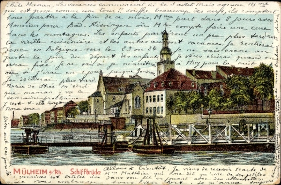 Lithograph Mülheim Cologne on the Rhine, ship bridge