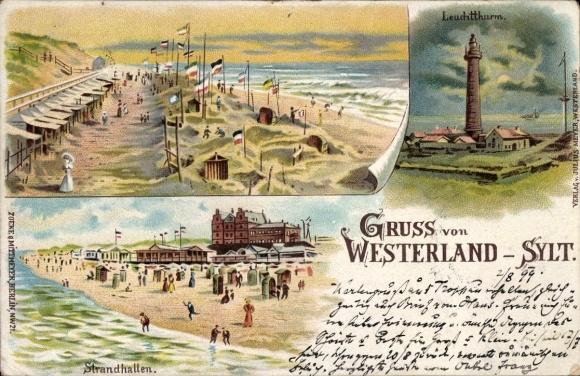 Lithograph of Westerland on Sylt, beach, beach pavilion, lighthouse