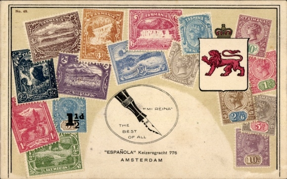 Stamps Postcard Tasmania, coat of arms, Espanola, advertising